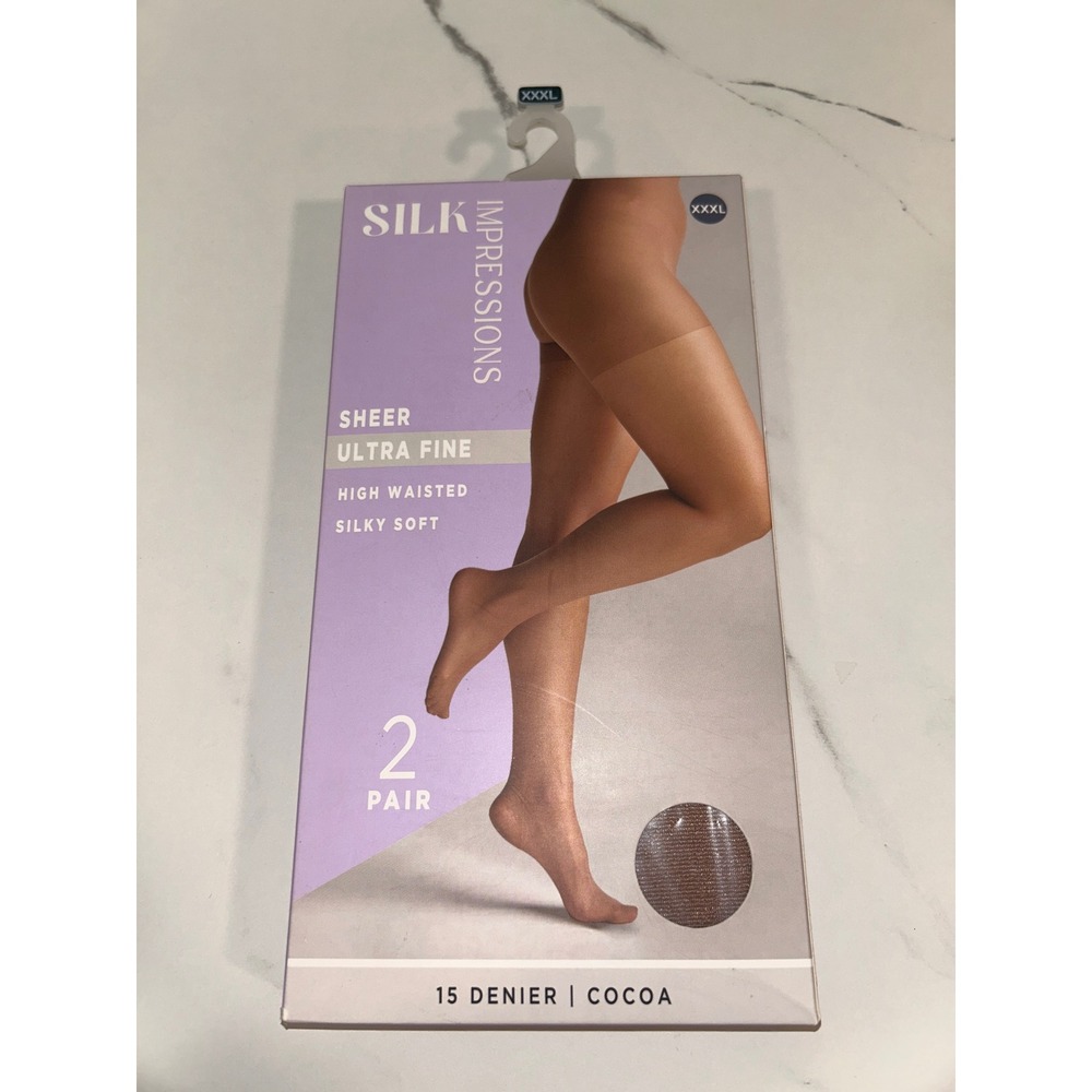 Silk Impressions Sheer Ultra Fine High Waisted Pantyhose Cocoa 2‎ Pair XXXL 15D